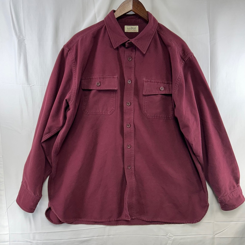 L.L. Bean Chamois Cloth Shirt Mens XL Burgundy Heavyweight Cotton Button Up
